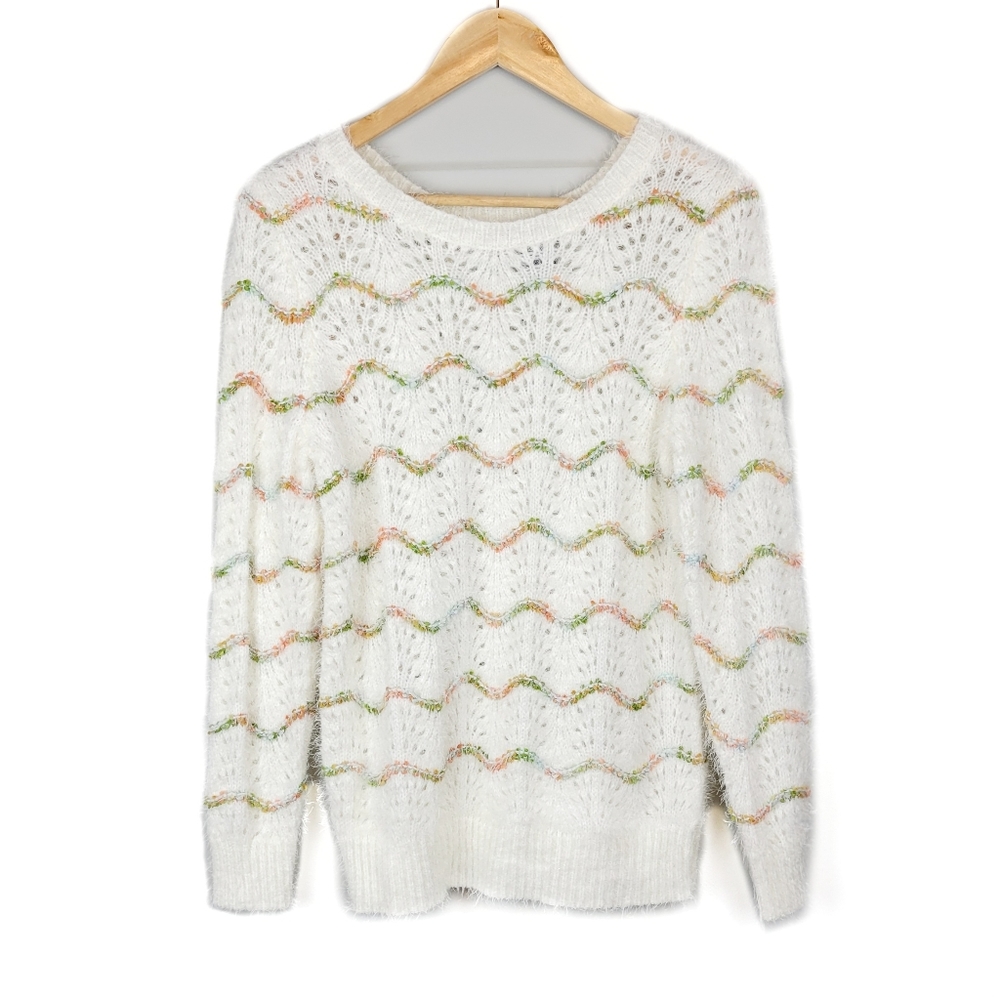 New Directions White Eyelash Striped Sweater